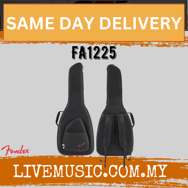 Black Fender dreadnought acoustic guitar gig bag, FA1225, front and back views