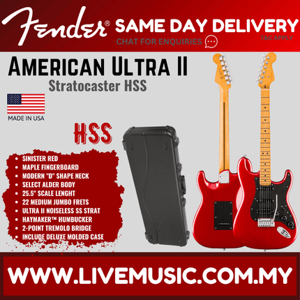 Fender American Ultra II Stratocaster HSS Electric Guitar, Maple FB, Sinister Red / Solar Flare