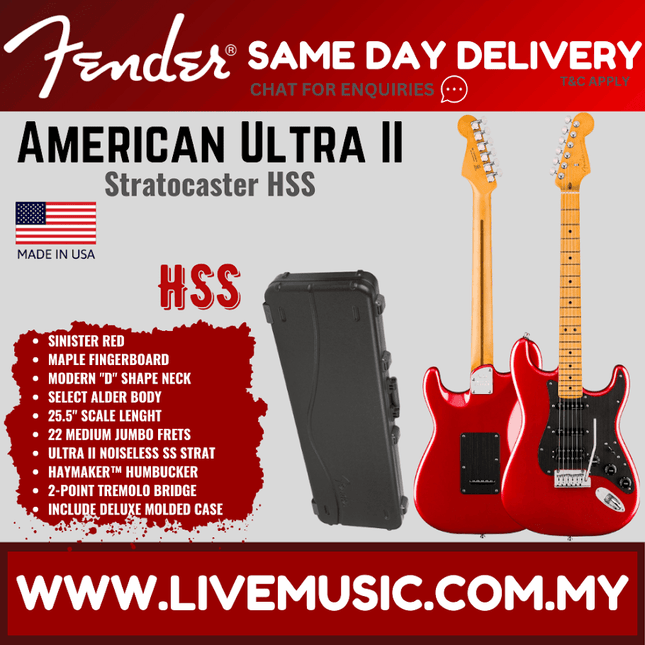 Sinister Red HSS electric stratocaster guitar with maple fingerboard, tremolo bridge