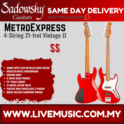 Sadowsky MetroExpress 21-fret Vintage JJ 4-String Bass Guitar, Candy Apple Red Metallic High Polish