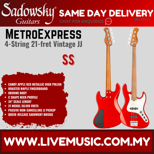 Sadowsky MetroExpress 21-fret Vintage JJ 4-String Bass Guitar, Candy Apple Red Metallic High Polish