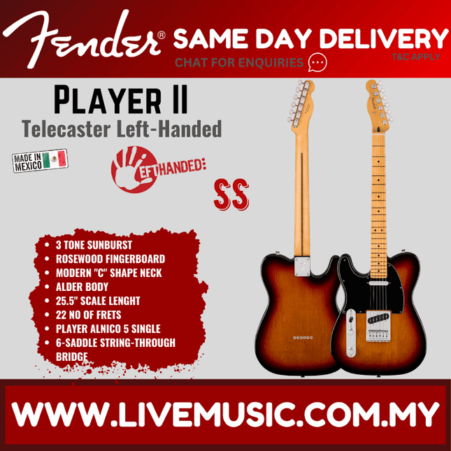 Fender Player II Telecaster Left-handed Electric Guitar, Maple FB, 3 Tone Sunburst / Hialeah Yellow