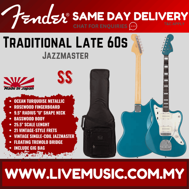 Fender Japan Traditional Late 60s Jazzmaster Electric Guitar, RW FB, Ocean Turquoise Metallic