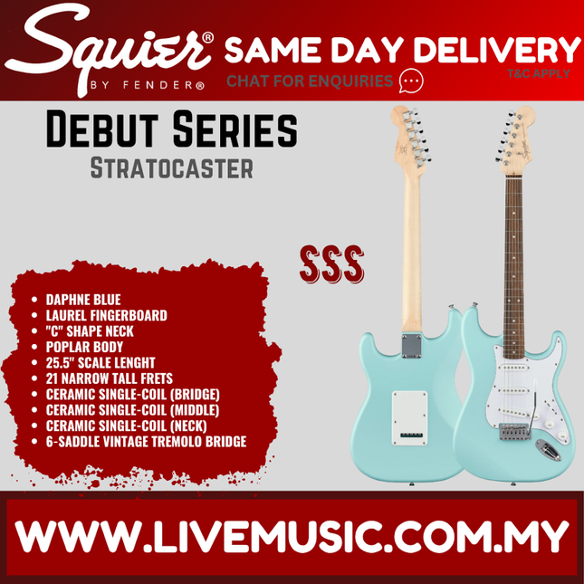 Squier Debut Series Stratocaster Electric Guitar, Laurel FB, Daphne Blue