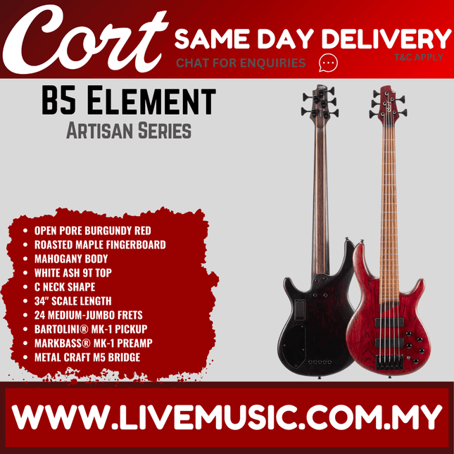 Cort B-5 Element Electric 5-String Bass W/Bag - Open Pore Burgundy Red ( B5 Element / B5Element )