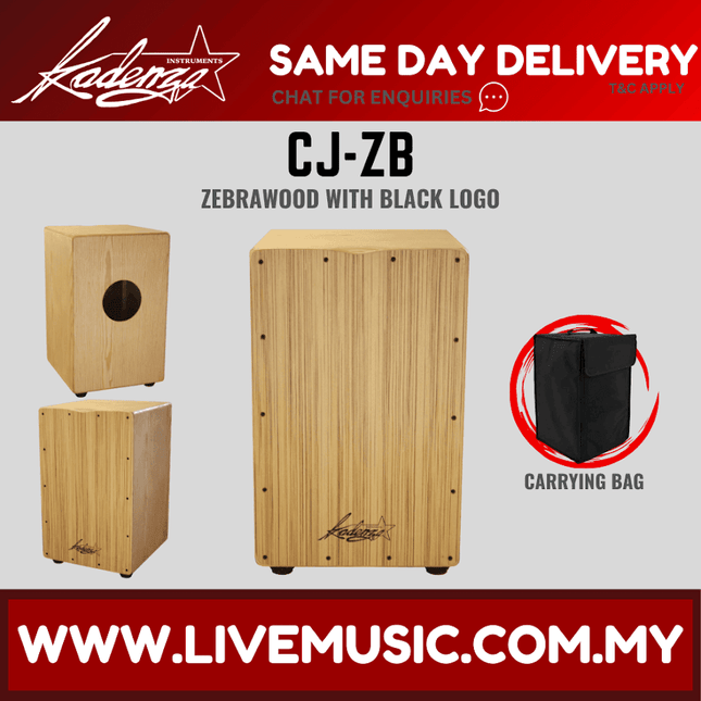 Zebrawood cajon drum with round sound hole and black logo, with carry bag