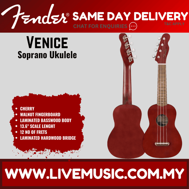 Cherry red soprano ukulele with walnut fretboard and hard bridge.