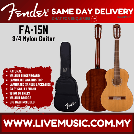 Fender FA-15N 3/4 Size Nylon String Classical Guitar, Walnut Fretboard with Bag - Natural (FA15N)