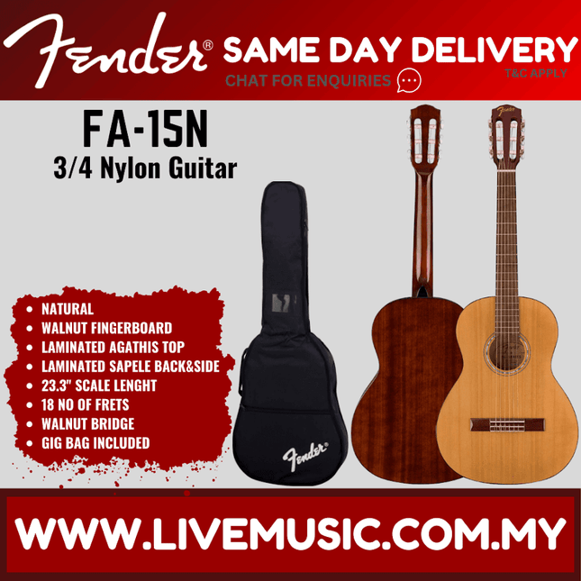 3/4 classical nylon guitar with black gig bag, natural body and dark walnut fretboard