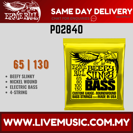 Ernie Ball 2840 Beefy Slinky Nickel Wound Electric Bass Strings, 65-130 Gauge