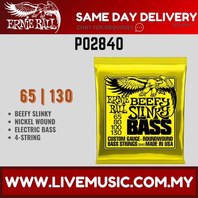 Ernie Ball 2840 Beefy Slinky Nickel Wound Electric Bass Strings, 65-130 Gauge