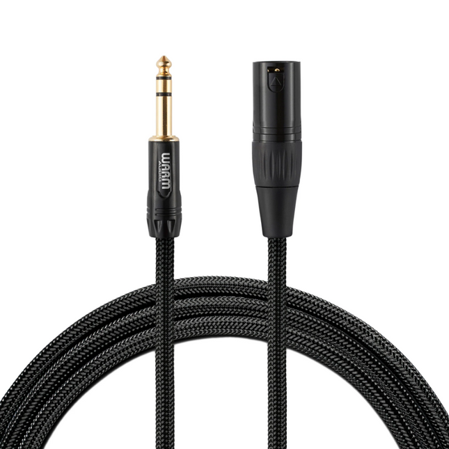 Warm Audio XLR to TRS 6ft cable, close-up of gold tip and black TRS plug on braided cord