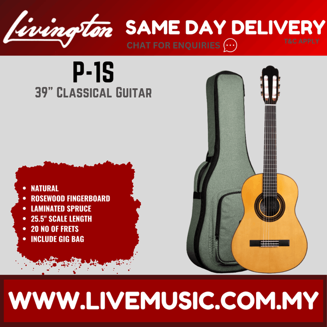 Livingston P-1S 39" Solid Spruce Top Classical Guitar, Rosewood FB, Natural ( P 1S P1S )