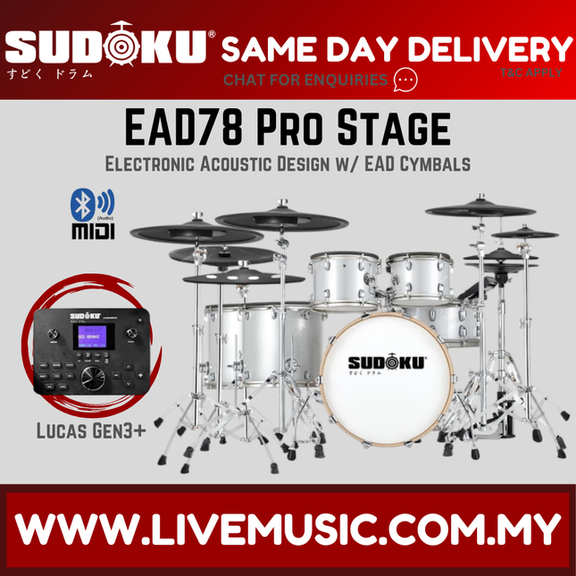 Electronic drum set with cymbals, snare, toms, bass drum, and Lucas Gen3+ module