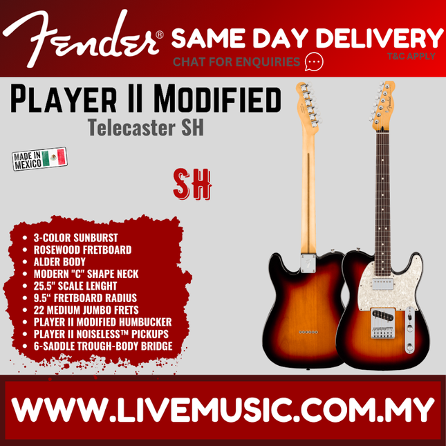 Fender Player II Modified Telecaster SH Electric Guitar, RW FB, 3 Tone Sunburst