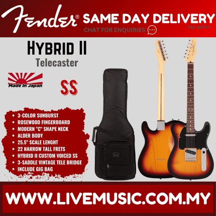 Fender Japan Hybrid II Telecaster Electric Guitar, Rosewood Fretboard with Gig Bag - 3-Color Sunburst