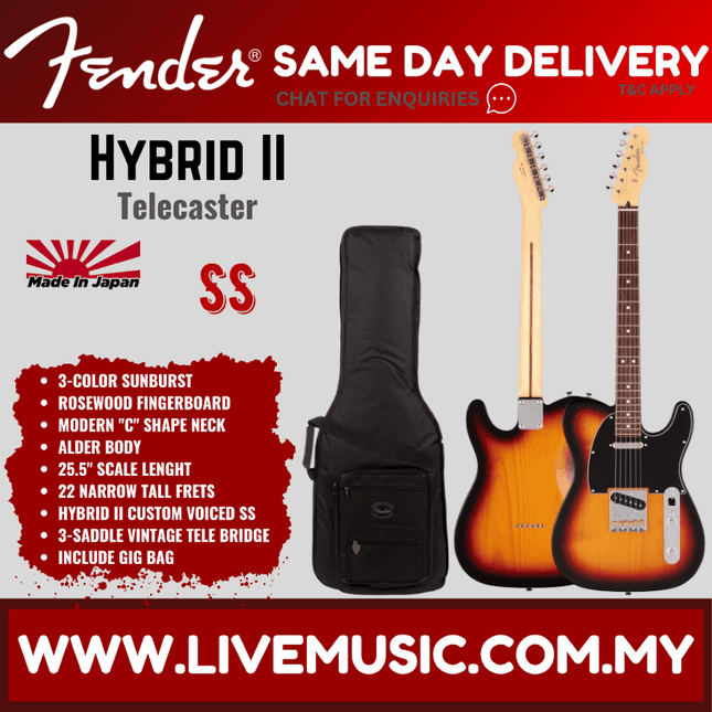 Fender Japan Hybrid II Telecaster Electric Guitar, Rosewood Fretboard with Gig Bag - 3-Color Sunburst