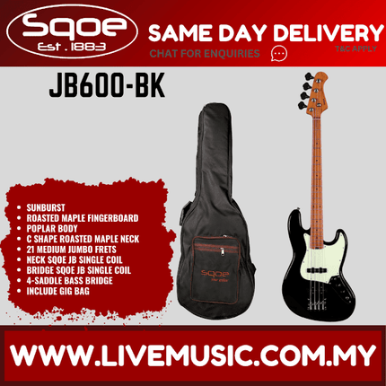 Sqoe JB600-BK 4-String Electric Bass Guitar With Gig Bag Roasted Maple FB, Black ( JB600BK / JB600 BK )