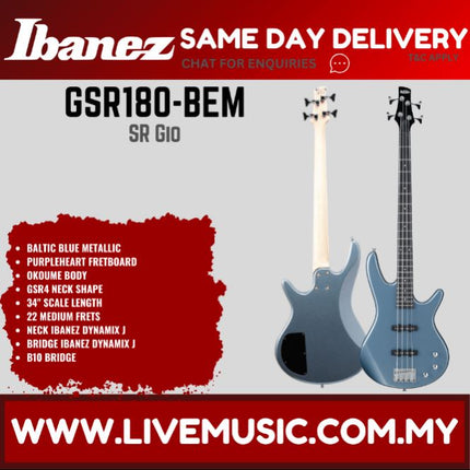 Ibanez Gio GSR180 4-String Bass Guitar,Purpleheart FB - ( GSR-180 / GSR 180 )-Blatic Blue Metallic