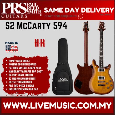 PRS S2 McCarty 594 electric guitar in honey gold burst with padded gig bag