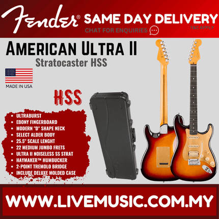 Fender American Ultra II Stratocaster HSS Electric Guitar, Ebony FB, Ultraburst