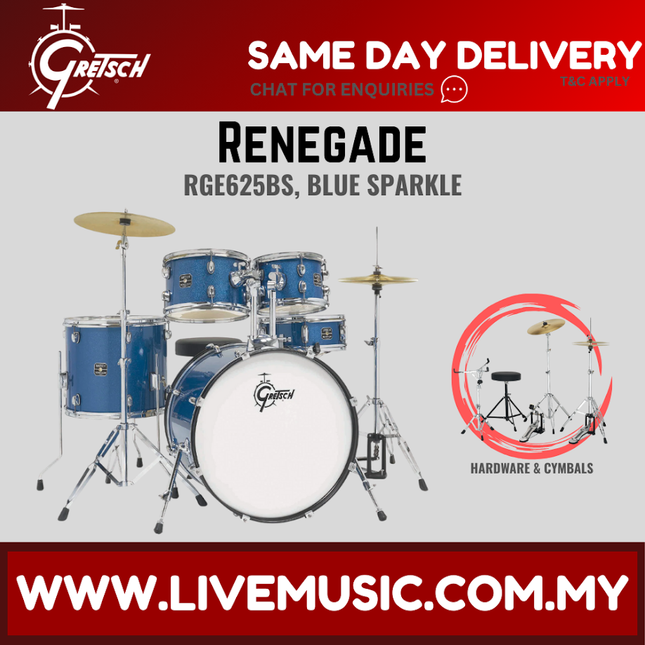 Blue sparkle 5-piece drum kit with hardware and cymbals, including bass drum and toms