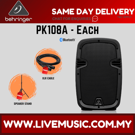 Behringer PK108A  Active 250W 8" PA Speaker System with Bluetooth w/UG-88HH Wireless Mic, Speaker Stand and Cable - Pair ( PK-108A / PK 108A )