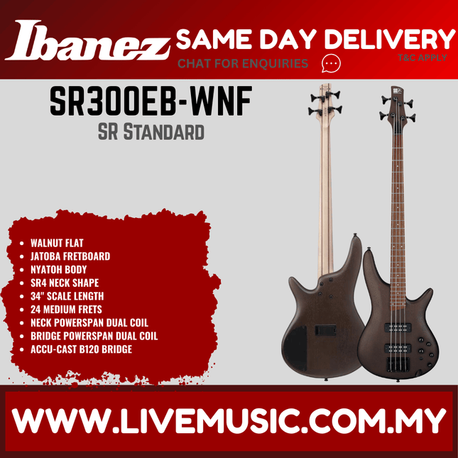 Ibanez SR300EB SR Series 4-String Electric Bass Guitar - (SR300EB-WNF)-Walnut Flat