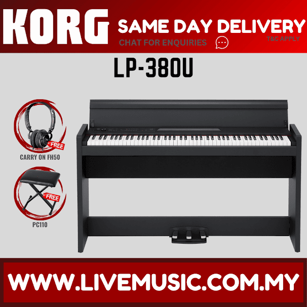 Black 88-key digital piano with built-in stand and front keyboard view