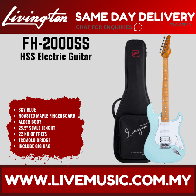 Sky blue HSS electric guitar with roasted maple fretboard and black gig bag