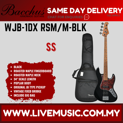 Bacchus WJB-1DX RSM/M Universe Series Roasted Maple Electric Bass - Black ( WJB1DXRSMM / WJB1DX )