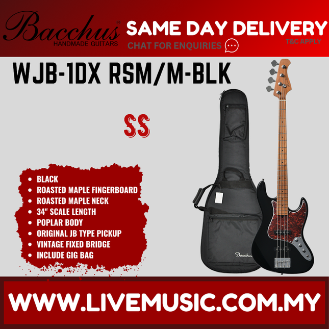 Black roasted maple electric bass guitar with strap and padded gig bag