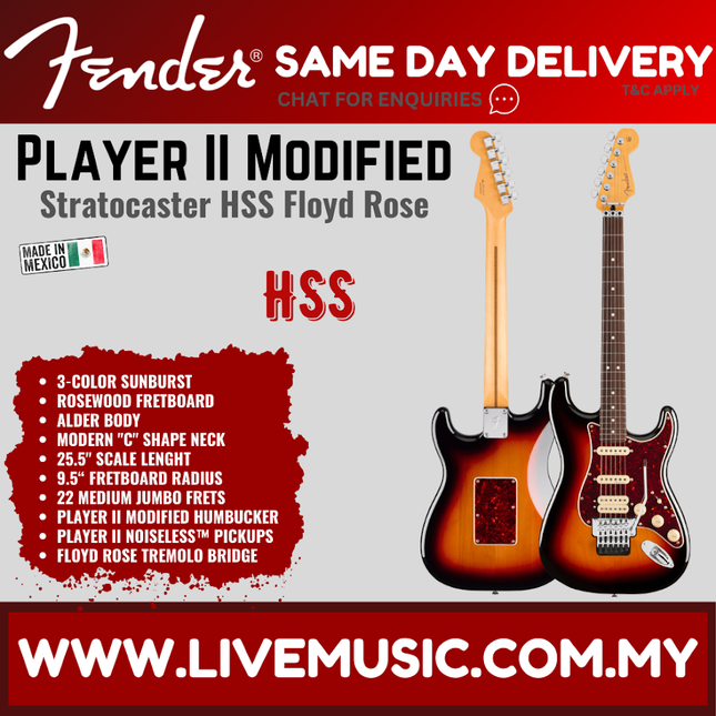 Fender Player II Modified Stratocaster HSS Floyd Rose Electric Guitar, RW FB, 3 Tone Sunburst