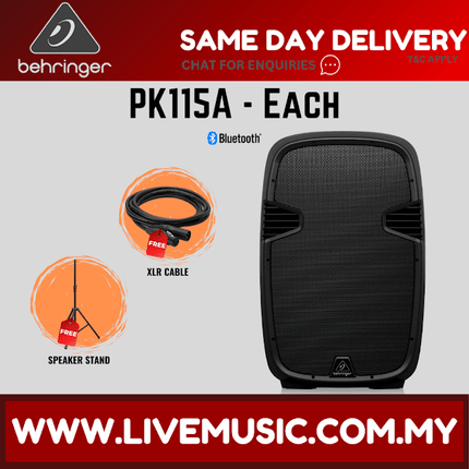 Behringer PK115A Active 800W 15" PA Speaker w/Bluetooth w/Wireless Mic, Speaker Stand & Cable ( PK-115A / PK 115A )