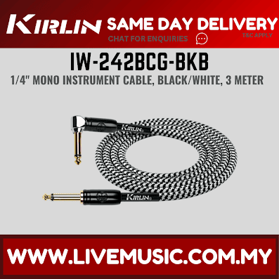 Kirlin IW-242BCG/BKB 3 Meter Original Gold Tip Woven Instrument Cable for Electric Acoustic Guitar Keyboard Bass Amplifier - Black White (IW 242BCG/IW242BCG)