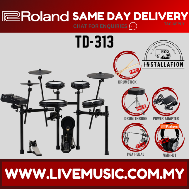 Roland TD-313 Electronic Digital Drum Set w/Double Pedal And Accessories ( TD 313 TD313 ) Replace TD-17KV2 TD17KV2