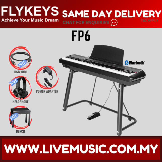 Black 88-key digital piano on folding stand with padded bench