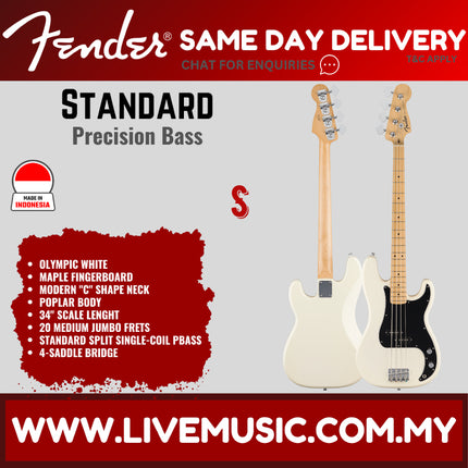 Fender Standard Precision Bass Guitar, Maple FB, Olympic White