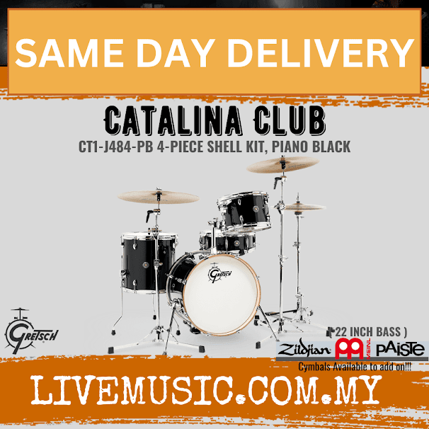 Gretsch Catalina Club 4-piece drum shell kit, piano black with bass drum, toms, snare