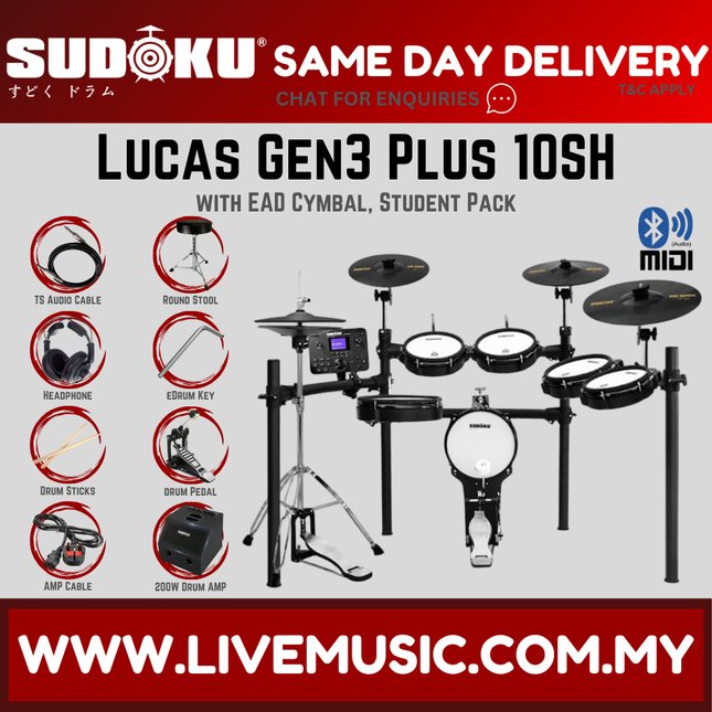 Electronic drum set with mesh drum pads and cymbal pads, student accessory pack