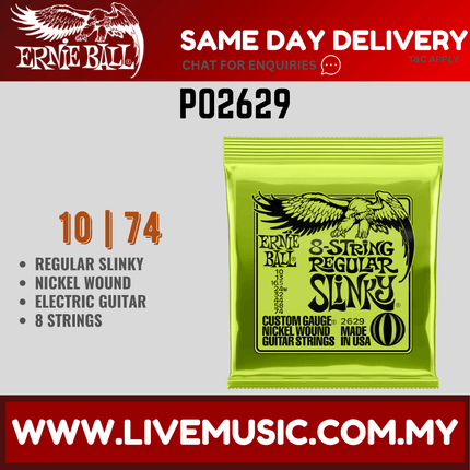 Ernie Ball 2629 Regular Slinky Nickel Wound 8-string Electric Guitar Strings, 10-74 Gauge