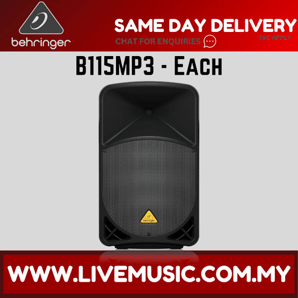 Black 15-inch powered speaker with front grille and wedge-shaped stand base.