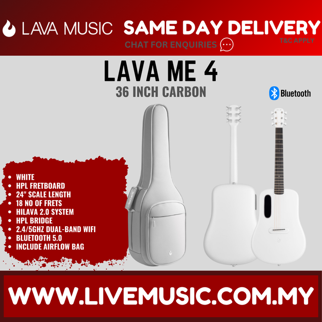 Lava Me 4 36" Carbon Fiber Smart Acoustic Electric Guitar With Touchscreen Effects And Airflow Bag-White