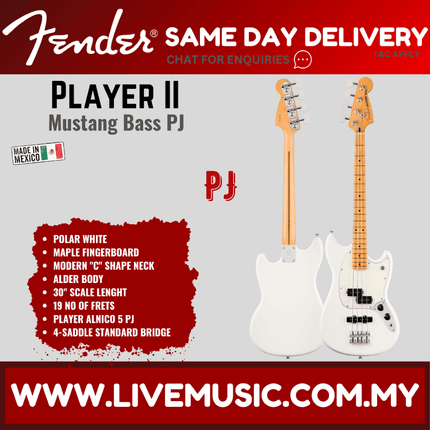 Fender Player II Mustang Bass PJ Guitar, Maple FB, Polar White