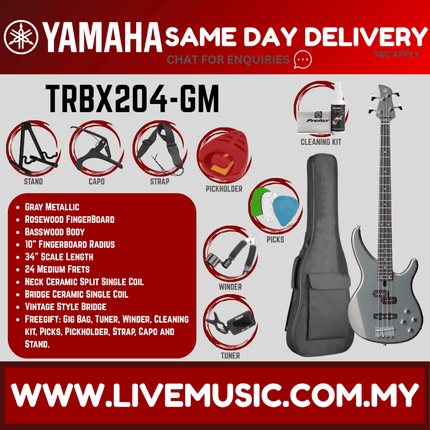 Gray metallic 4-string electric bass guitar with gig bag and cleaning kit.