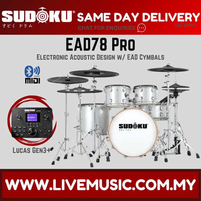Electronic drum set with black cymbals and chrome shells, Lucas Gen3+ module.