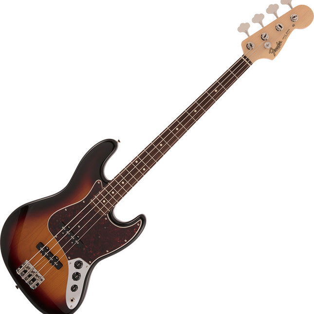 3-tone sunburst Jazz bass guitar with light maple neck and rosewood-style fretboard