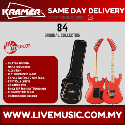 Kramer 84 Left-handed Electric Guitar with Premium Gig Bag - Eruption Red Satin
