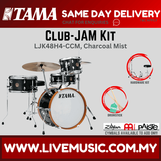 4-piece club-jam drum set with charcoal mist shells, Tama logo, includes hardware kit