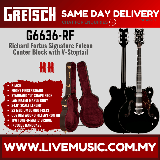 Gretsch G6636-RF R.Fortus Falcon Centre Electric Guitar w/V-Stoptail, Black